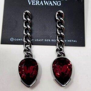 VERA WANG Rocker Chic Gunmetal Garnet Red Crystal Chain Link Dangle Earrings~NEW